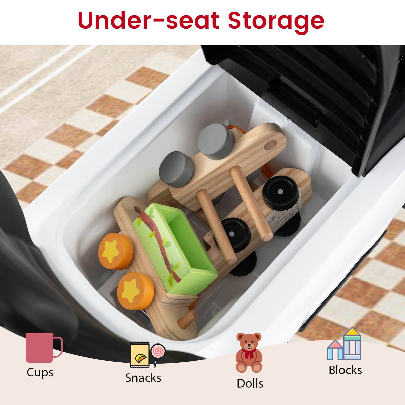 Under-seat Storage

Cups  
Snacks  
Dolls  
Blocks