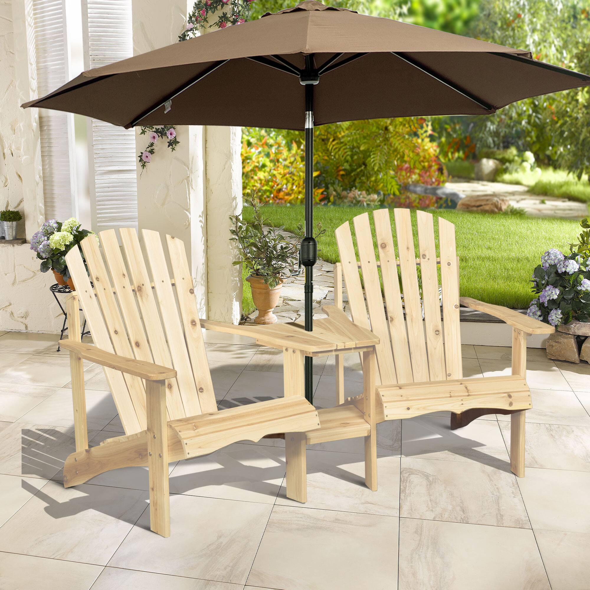 Alt View 1. Outsunny - Pit Seating, 2 Wooden Adirondack Chairs with Outdoor Table & Umbrella Hole - Natural Wood Color.