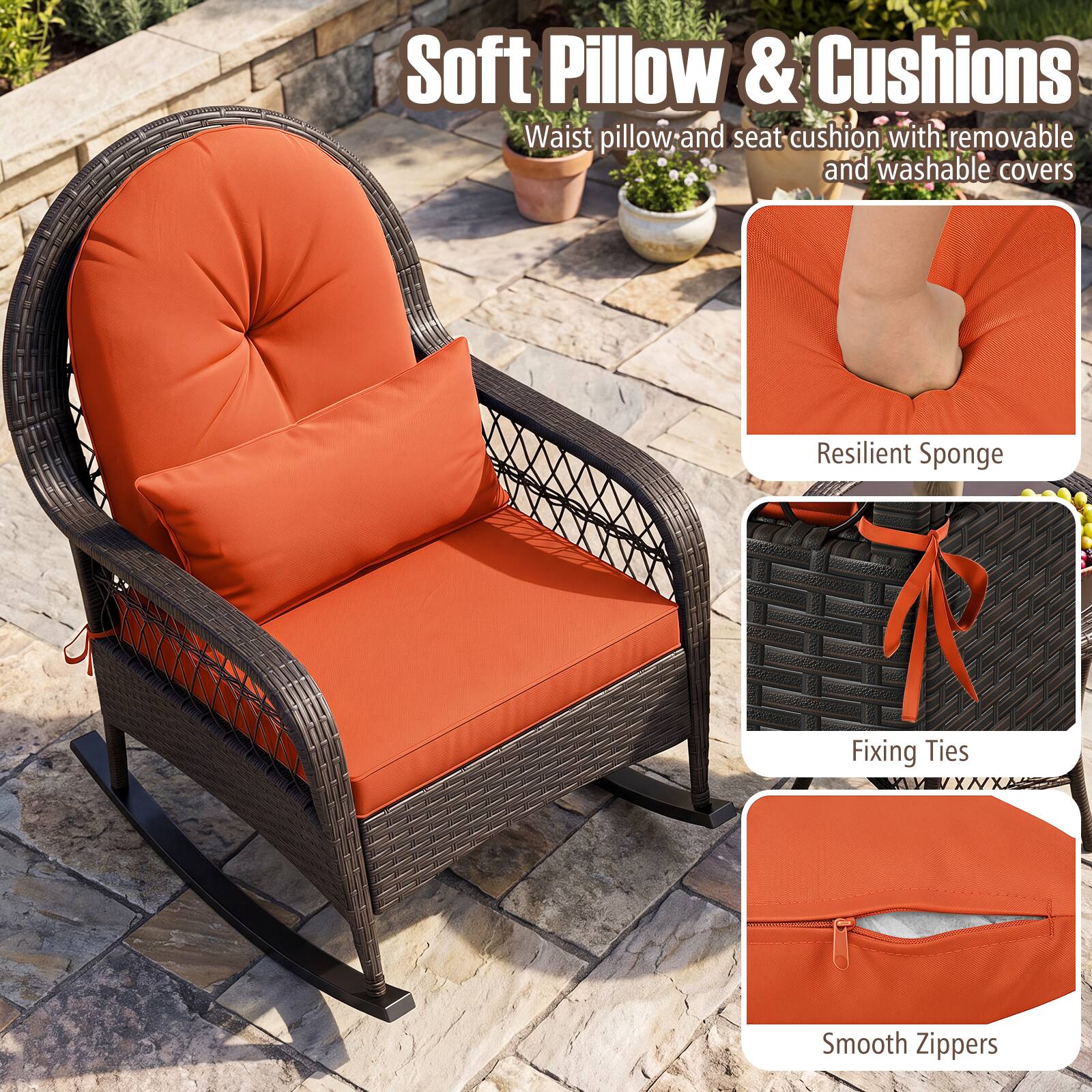 Soft Pillow & Cushions  
Waist pillow and seat cushion with removable and washable covers  

Resilient Sponge  
Fixing Ties  
Smooth Zippers