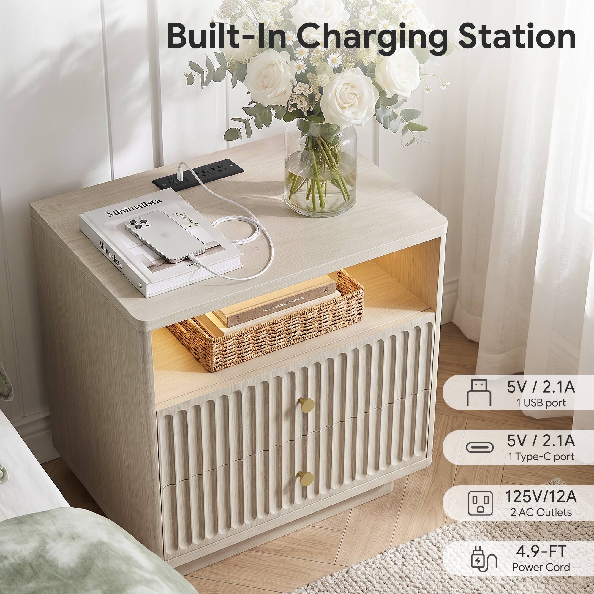 Built-In Charging Station Minimalista

- 5V / 2.1A USB port
- 5V / 2.1A Type-C port
- 125V/12A 2 AC Outlets
- 4.9-FT Power Cord