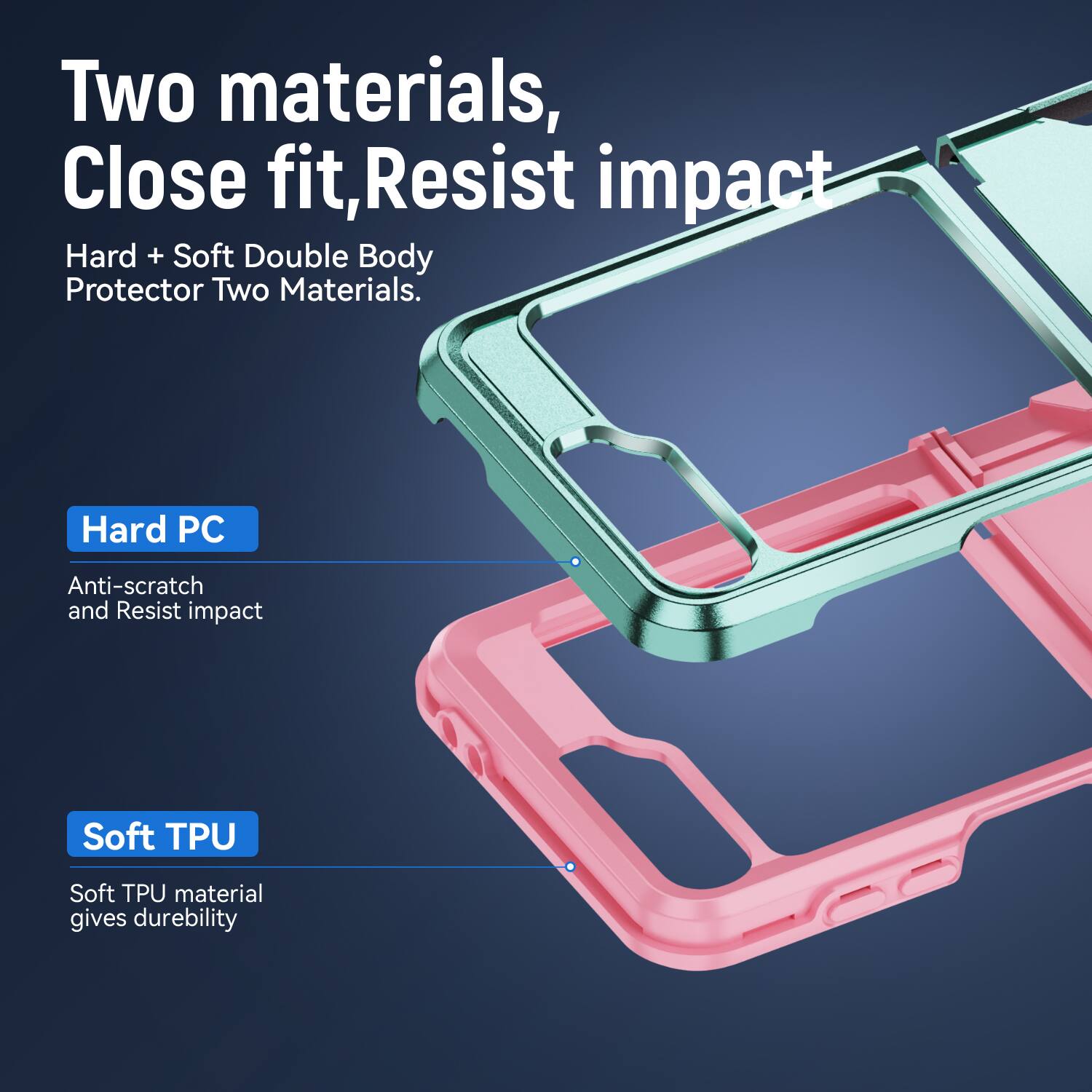 Two materials, Close fit, Resist impact  
Hard + Soft Double Body Protector Two Materials.  
Hard PC  
Anti-scratch and Resist impact  
Soft TPU  
Soft TPU material gives durability