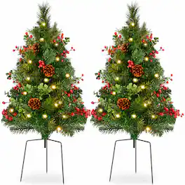 Best Choice Products - Set of 2 24.5in Outdoor Pathway Christmas Trees Decor w/ LED Lights, Berries, Pine Cones, Ornaments - Green - Berries & Pinecones