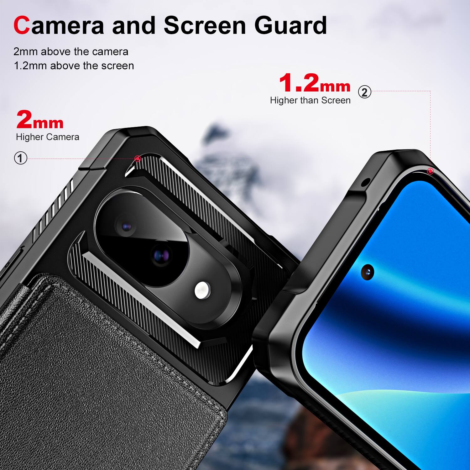 Camera and Screen Guard

2mm above the camera  
1.2mm above the screen

2mm  
Higher Camera

1.2mm  
Higher than Screen