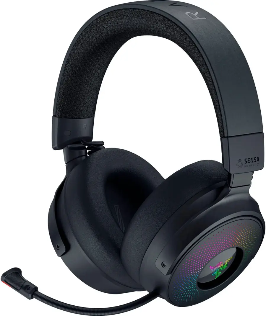 The text on the image reads "R R SENSA HD HAPTICS a sen." This text is likely a description or branding for the headphones.
