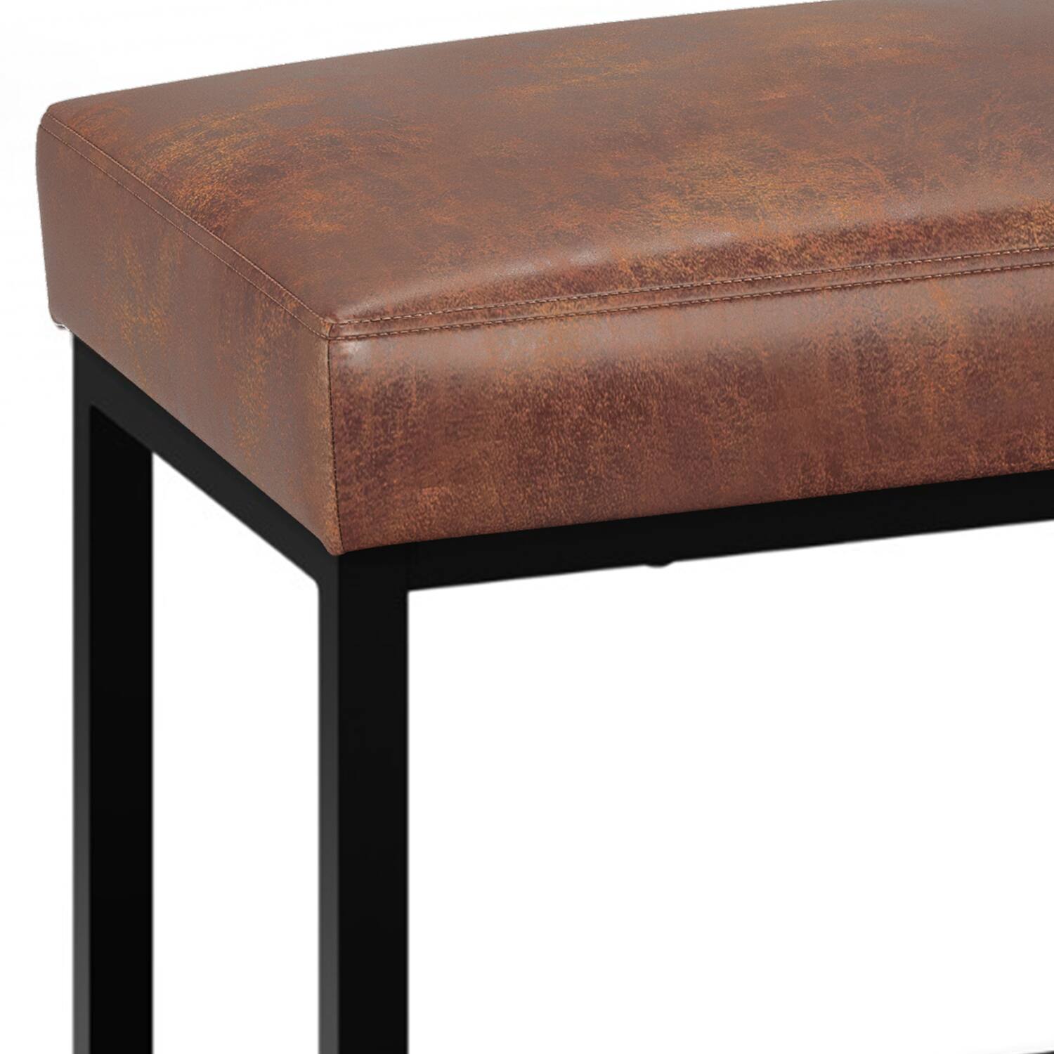 Alt View 1. Simpli Home - Reynolds Ottoman Bench in Distressed Saddle Brown Faux Leather - Distressed Saddle Brown.