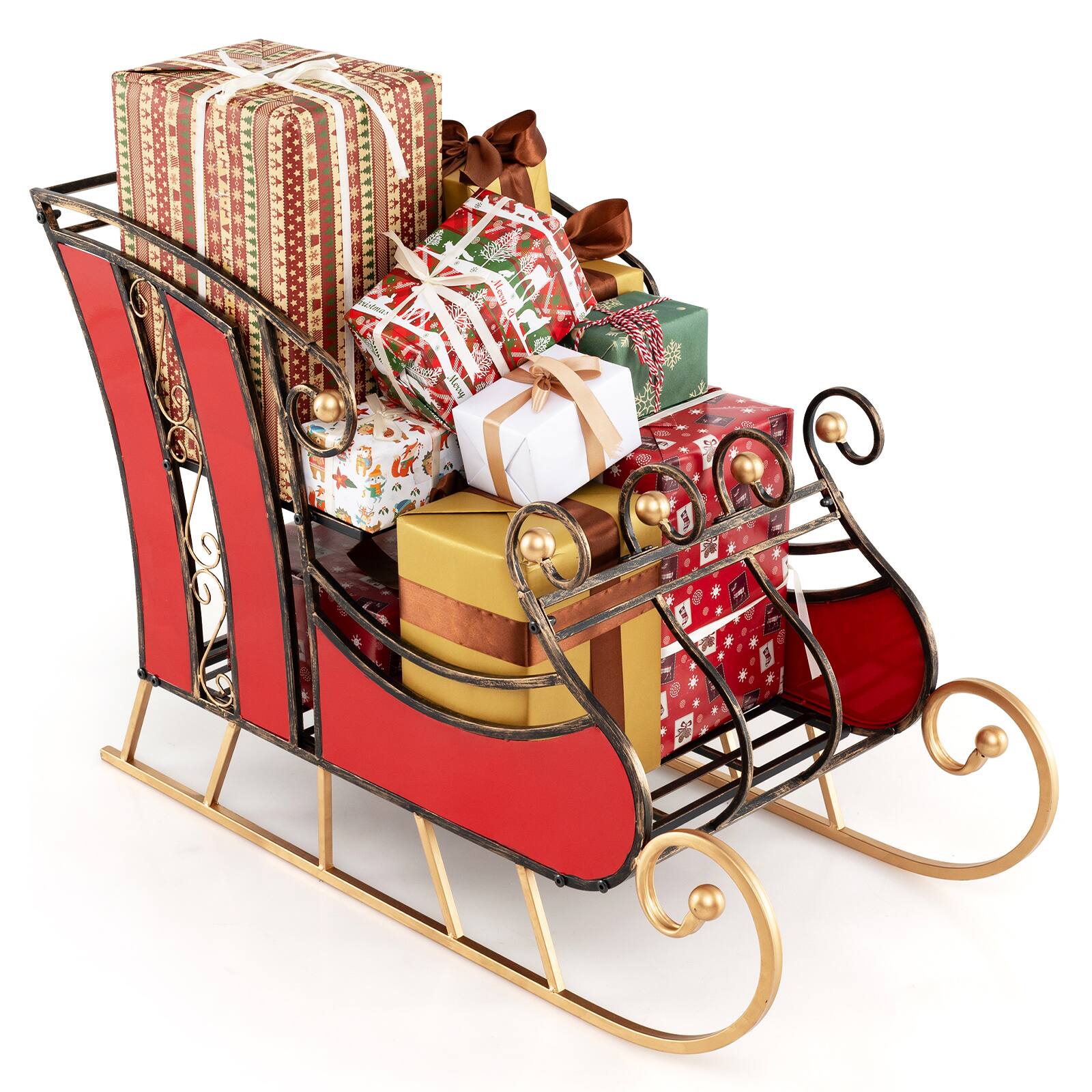 Left. WELLFOR - Metal Christmas Santa Sleigh Decoration with 2-Tier Storage Shelves - Red.