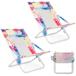 Costway - Folding Low Beach Chair, Set of 2 with Padded Head Pillow, Mesh Back, Cup Holder - Pink
