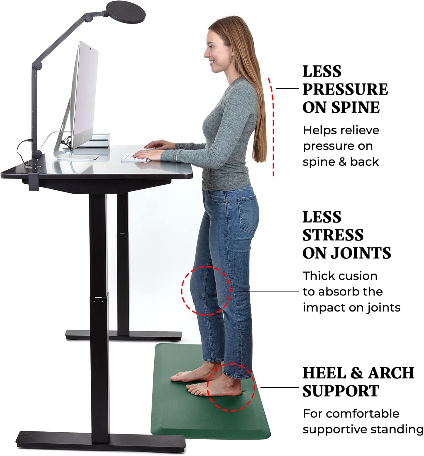 - LESS PRESSURE ON SPINE: Helps relieve pressure on spine & back
- LESS STRESS ON JOINTS: Thick cushion to absorb the impact on joints
- HEEL & ARCH SUPPORT: For comfortable supportive standing