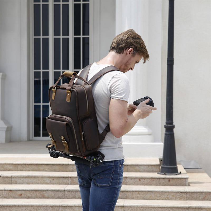 Alt View 7. Steel Horse Leather - The Gaetano | Large Leather Backpack Camera Bag - Dark Brown.