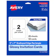Go to avery.com/templates
AVERY
Use Avery Presta Template 95351
MIX
FSC® C007276
Glossy White
2 cards per sheet
25 sheets
50 cards
5" x 7" Scalloped Edge Rectangle
Glossy Invitation Cards for Laser/Inkjet