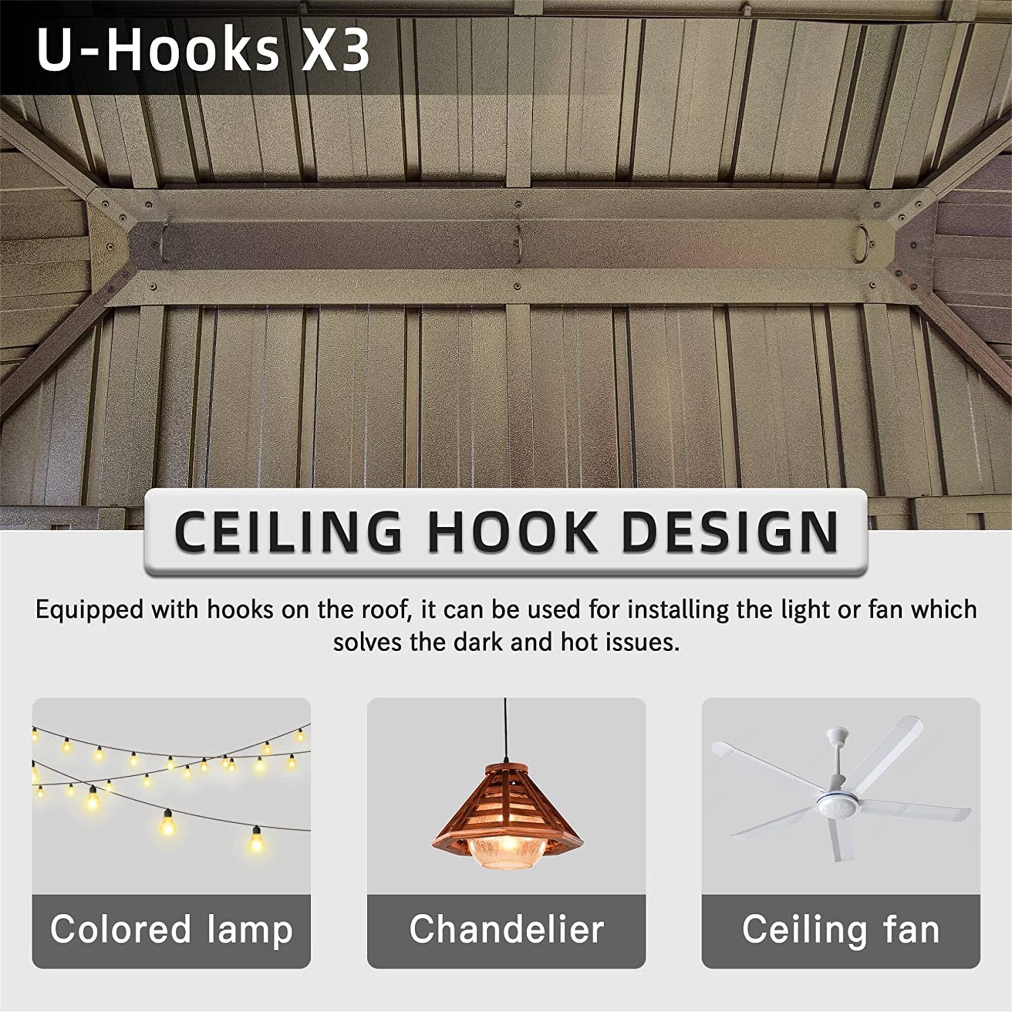 U-Hooks X3 CEILING HOOK DESIGN

Equipped with hooks on the roof, it can be used for installing the light or fan which solves the dark and hot issues.

- Colored lamp
- Chandelier
- Ceiling fan