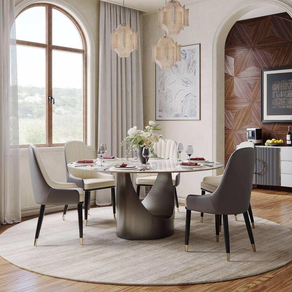 Left. POVISON - 59" Round Pandora Glossy Sintered Stone Dining Table with U-shaped Gray Steel Base - Pandora with Gray.