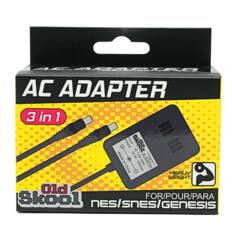 AGNADAPTER AC ADAPTER 3 in 1 + Output: Input: SKOOT AC 110V AC Made in China 9V - ACADAPTER 3 IN 1 in 60Hz 1000mA HEAVY WEIGHT Old Skool FOR/POUR/PARA NES/SNES/GENESIS