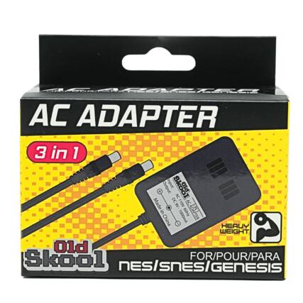 AGNADAPTER AC ADAPTER 3 in 1 + Output: Input: SKOOT AC 110V AC Made in China 9V - ACADAPTER 3 IN 1 in 60Hz 1000mA HEAVY WEIGHT Old Skool FOR/POUR/PARA NES/SNES/GENESIS