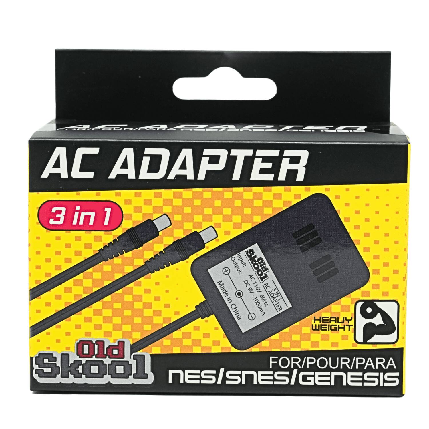 AGNADAPTER AC ADAPTER 3 in 1 + Output: Input: SKOOT AC 110V AC Made in China 9V - ACADAPTER 3 IN 1 in 60Hz 1000mA HEAVY WEIGHT Old Skool FOR/POUR/PARA NES/SNES/GENESIS