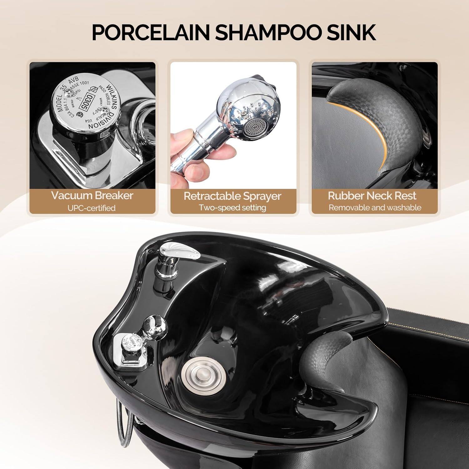 PORCELAIN SHAMPOO SINK

- Vacuum Breaker
  - UPC-certified

- Retractable Sprayer
  - Two-speed setting

- Rubber Neck Rest
  - Removable and washable
