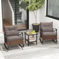 Costway 3 PCS Patio Rocker Set with 2-Tier Coffee Table & Soft Seat Back Cushions Outdoor - Mix Brown + Grey - Front_Zoom