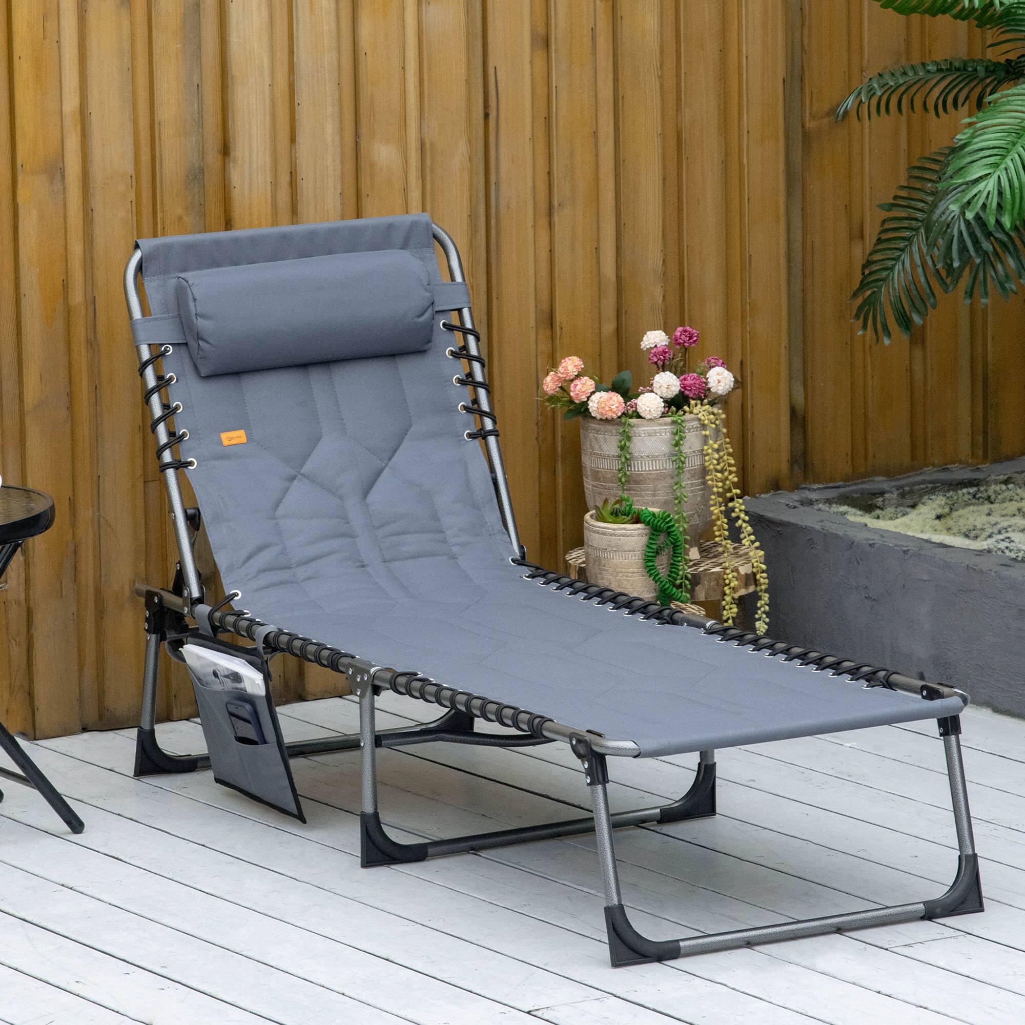 Alt View 1. Outsunny - Padded Folding Chaise Lounge Chair, Outdoor 6-Level Reclining Camping Tanning Chair with Headrest for Beach, Yard - Grey.