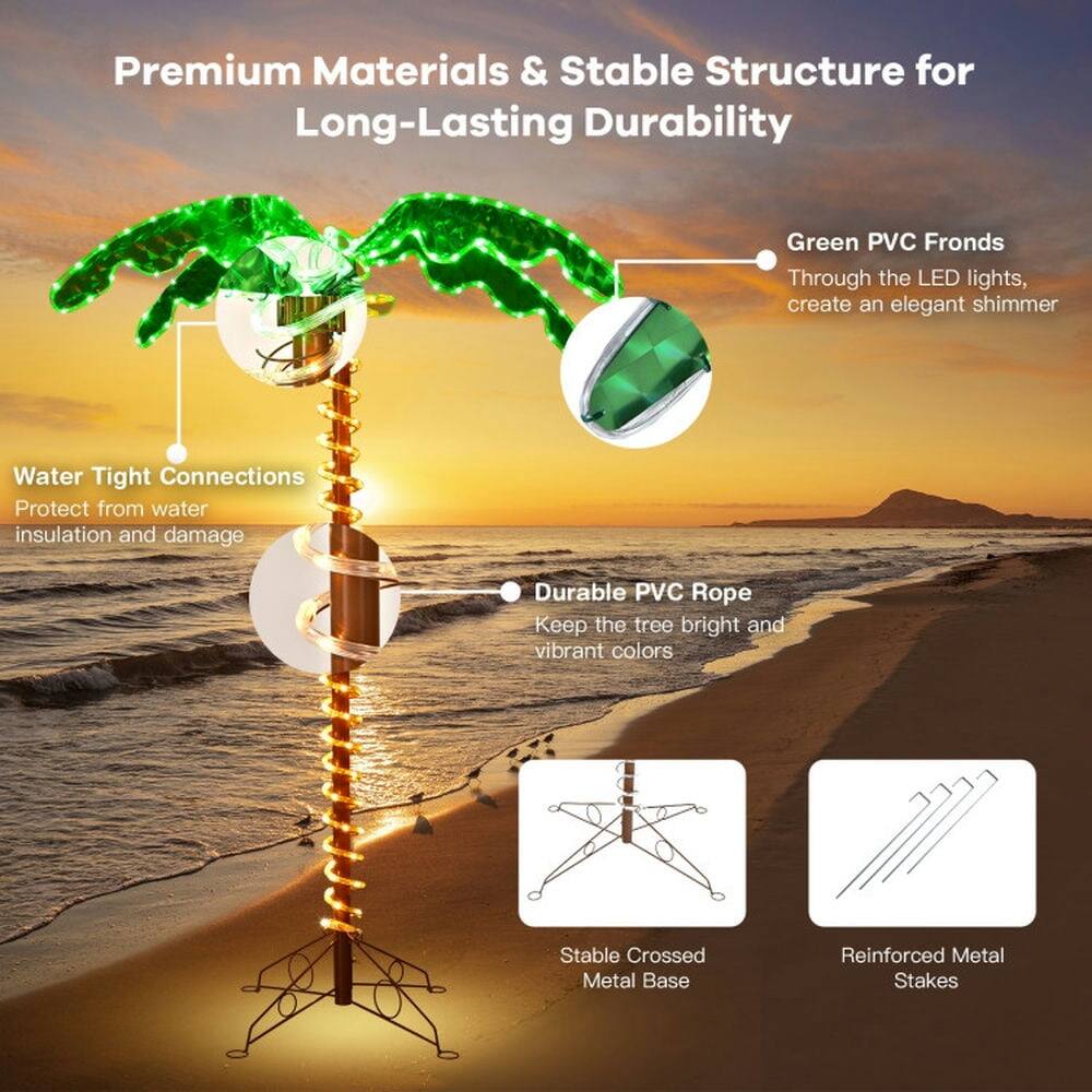 Premium Materials & Stable Structure for Long-Lasting Durability

- Green PVC Fronds: Through the LED lights, create an elegant shimmer
- Water Tight Connections: Protect from water insulation and damage
- Durable PVC Rope: Keep the tree bright and vibrant colors
- Stable Crossed Metal Base
- Reinforced Metal Stakes