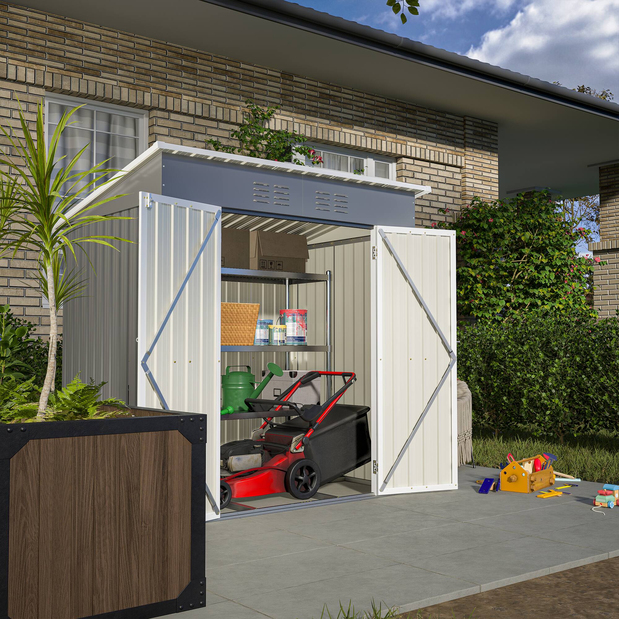 Angle. Mondawe - 6x4 FT Outdoor Metal Storage Shed With Lockable Door and Floor Frame - Gray.