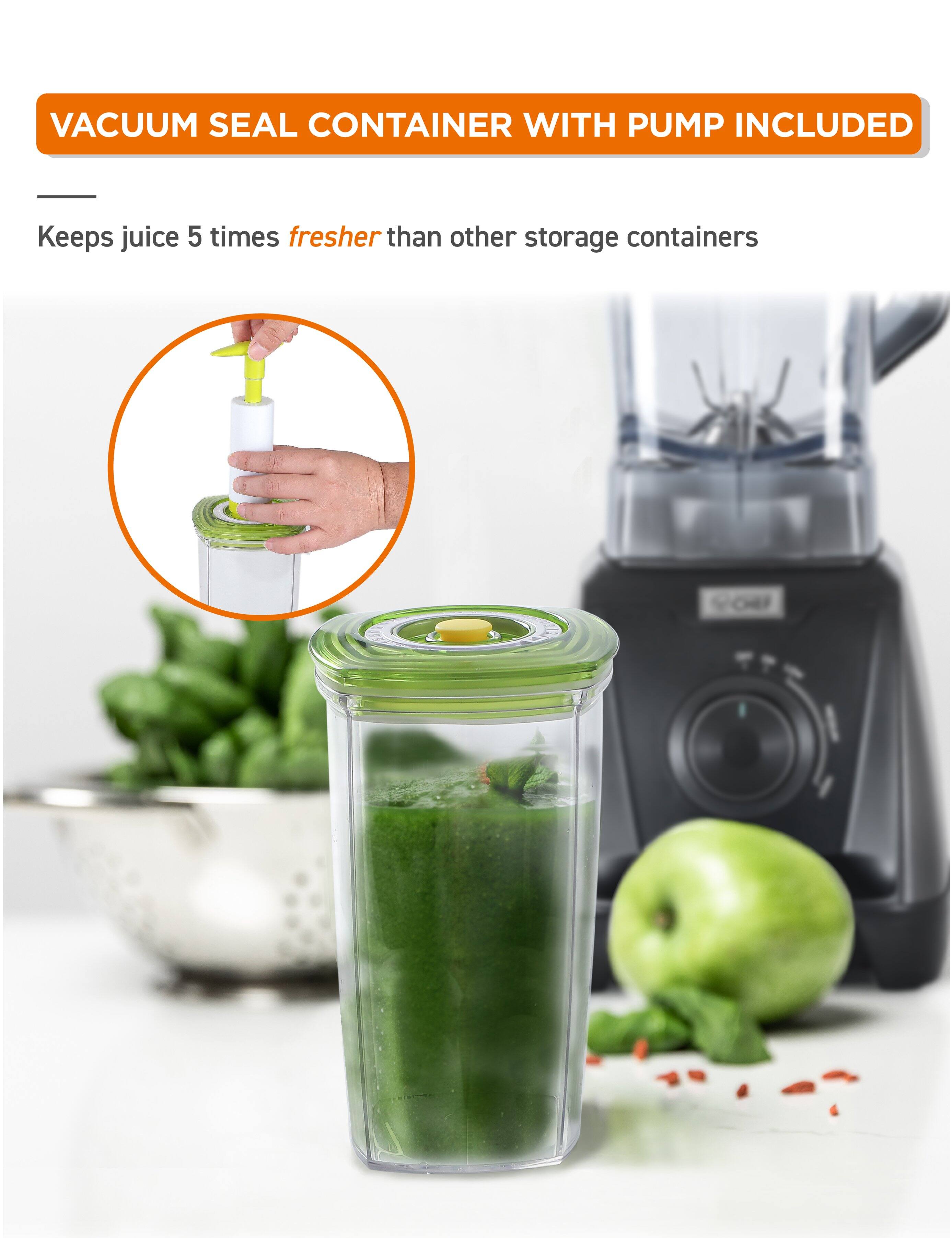 VACUUM SEAL CONTAINER WITH PUMP INCLUDED
Keeps juice 5 times fresher than other storage containers