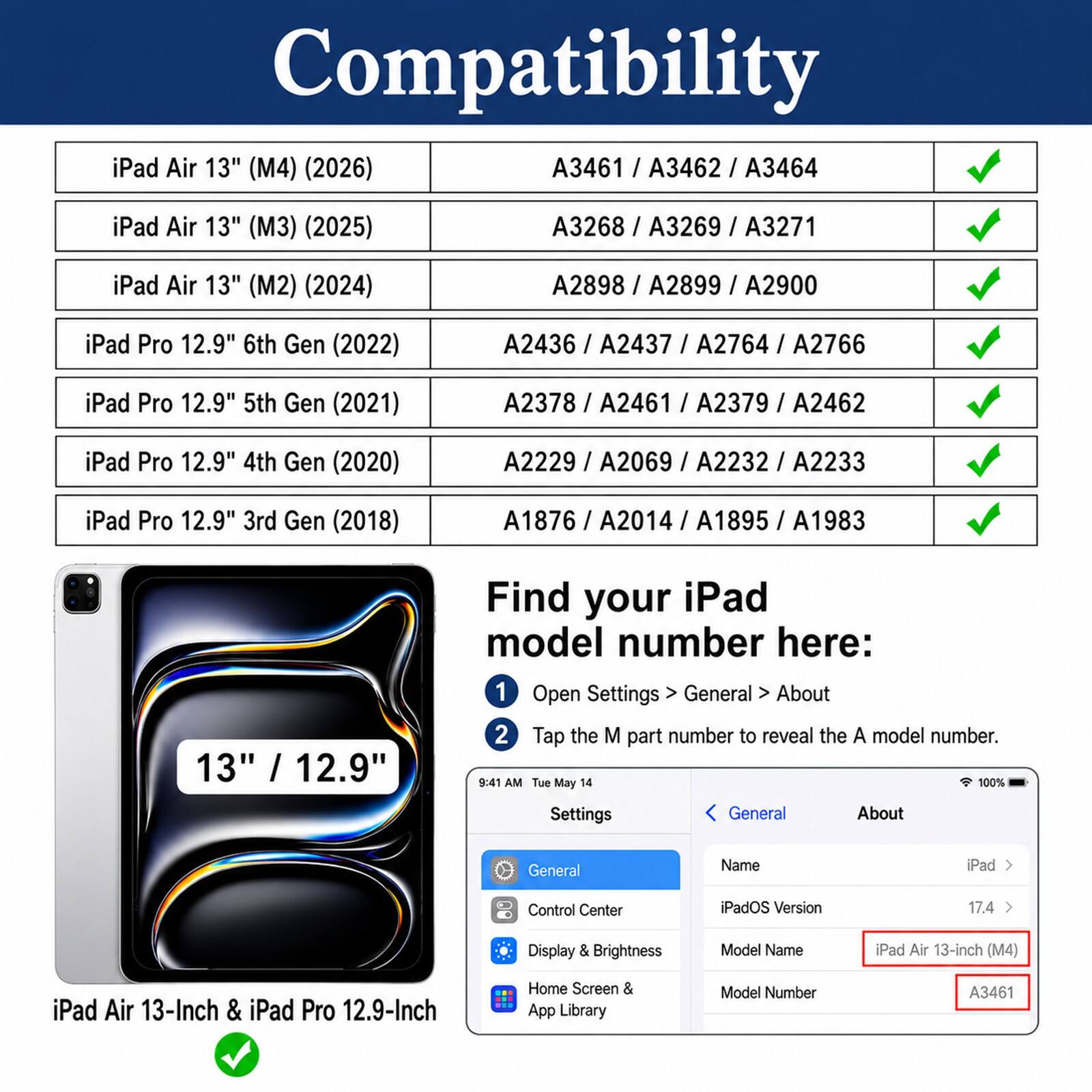 Compatibility

iPad Air 13" (M4) (2026) A3461 / A3462 / A3464  
iPad Air 13" (M3) (2025) A3268 / A3269 / A3271  
iPad Air 13" (M2) (2024) A2898 / A2899 / A2900  
iPad Pro 12.9" 6th Gen (2022) A2436 / A2437 / A2764 / A2766  
iPad Pro 12.9" 5th Gen (2021) A2378 / A2461 / A2379 / A2462  
iPad Pro 12.9" 4th Gen (2020) A2229 / A2069 / A2232 / A2233  
iPad Pro 12.9" 3rd Gen (2018) A1876 / A2