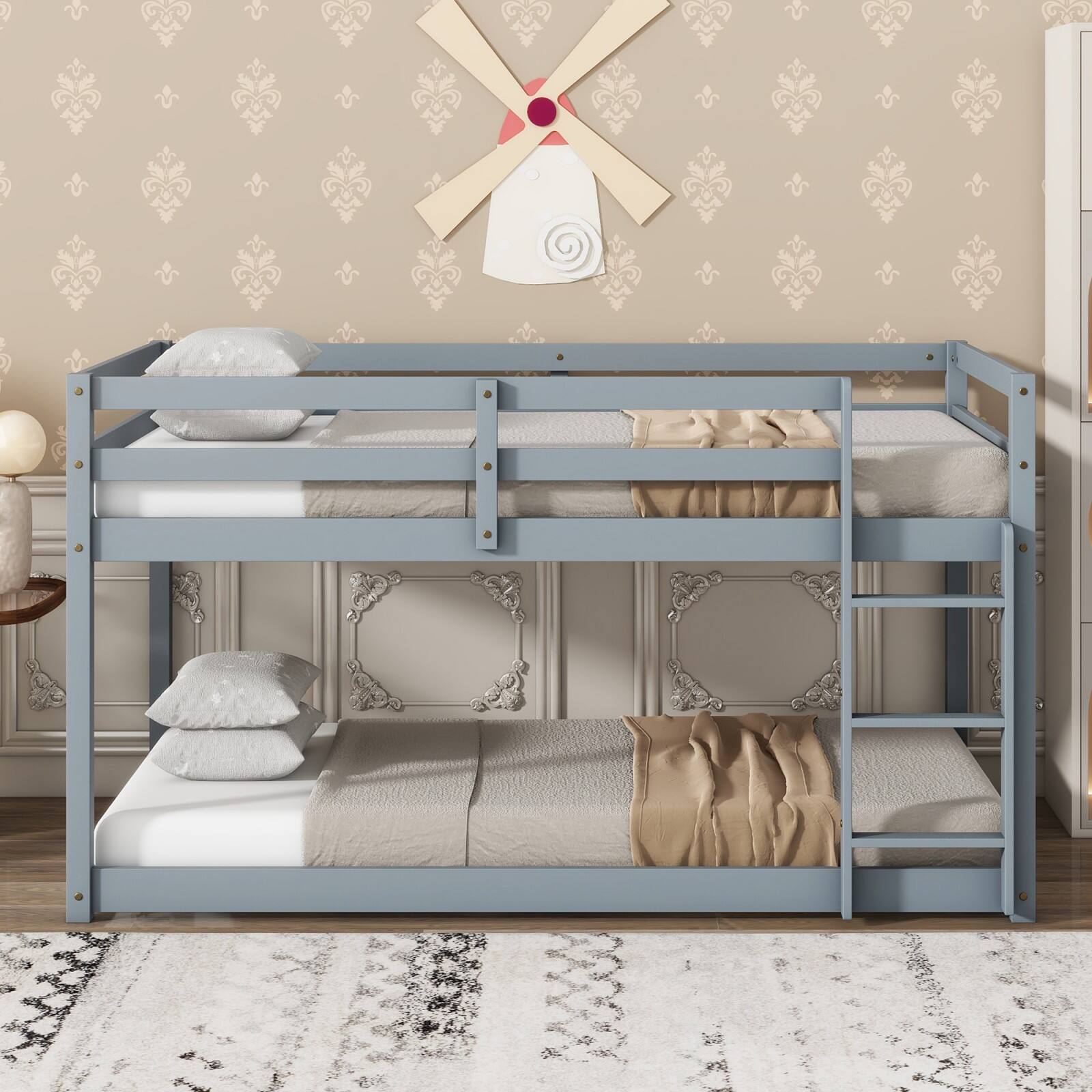 Alt View 1. Ecooso - Solid Wooden, Solid Rubber Wooden Twin over Twin Floor Bunk Bed with Ladder, with Bed Platform of Strengthened Slats - Grey.