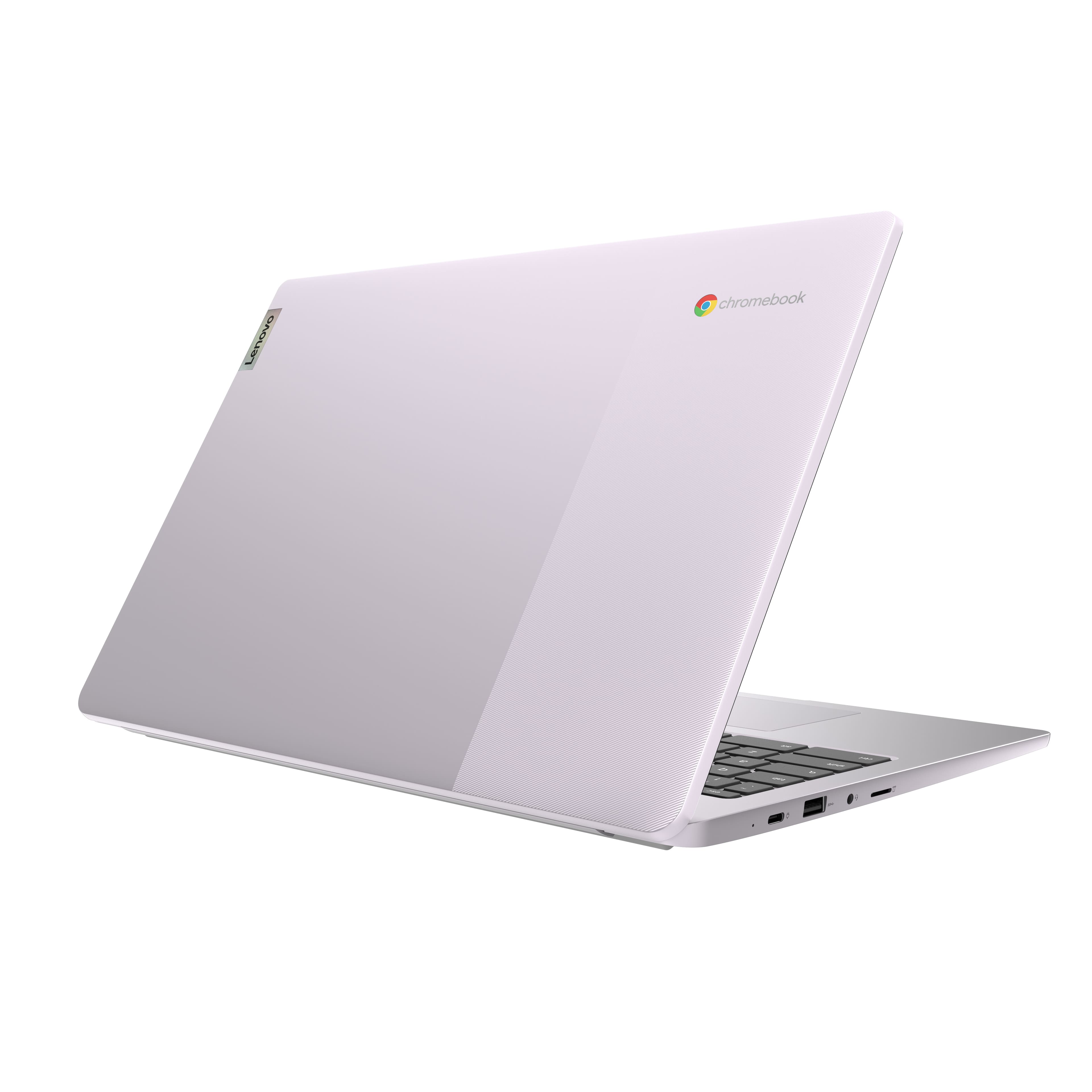 The image features a white Lenovo Chromebook laptop computer.