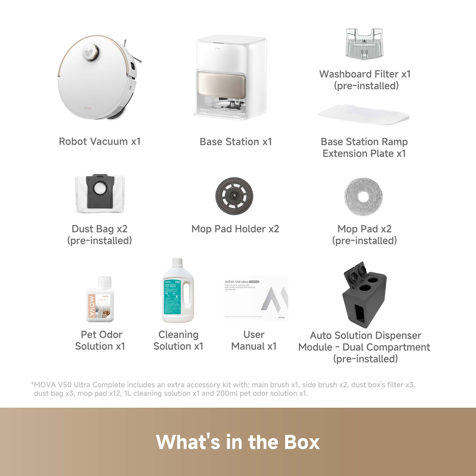 Robot Vacuum x1, Base Station x1, Washboard Filter x1 (pre-installed), Dust Bag x2 (pre-installed), Mop Pad Holder x2, Mop Pad x2 (pre-installed), VAOW Pet Odor Solution x1, Cleaning Solution x1, User Manual x1, Auto Solution Dispenser Module - Dual Compartment (pre-installed)