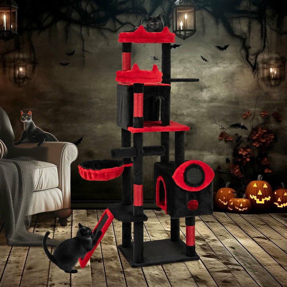 Alt View 2. Kadyn - Large Gothic Cat Tree with Enclosed Condos and Plush Perches, Black & Red - Black.