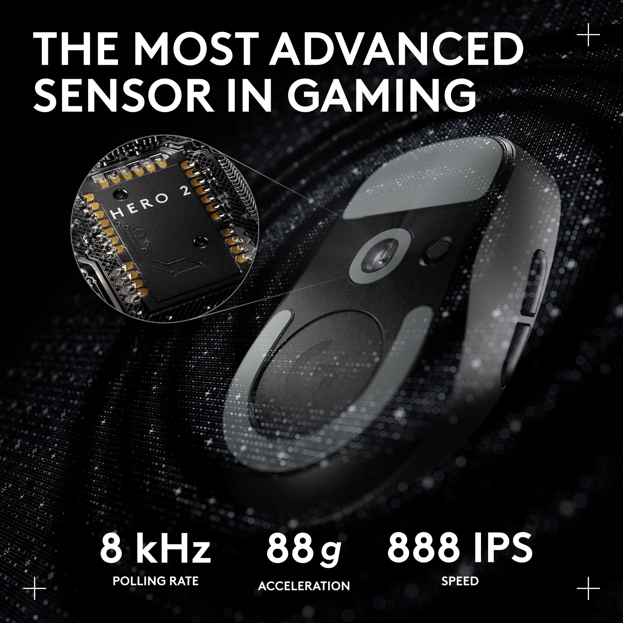 THE MOST ADVANCED SENSOR IN GAMING

2 HERO

8 kHz POLLING RATE

88 g ACCELERATION

888 IPS SPEED