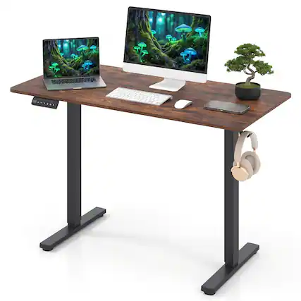 Front. WELLFOR - 48" Ergonomic Electric Standing Desk with 3 Memory Settings & Hanging Hooks, Adjustable Height Stand up Desk - Rustic Brown.