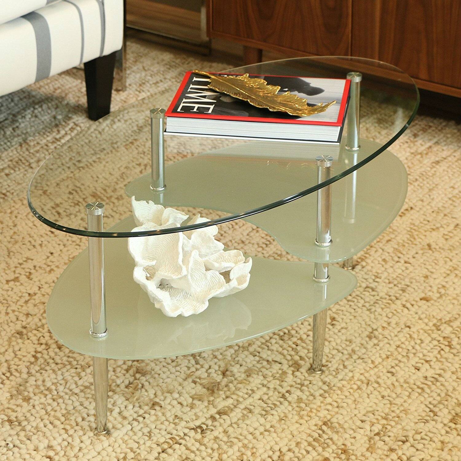 Angle. Hivvago - Modern Oval Glass Coffee Table with Chrome Metal Legs - Clear, Silver.