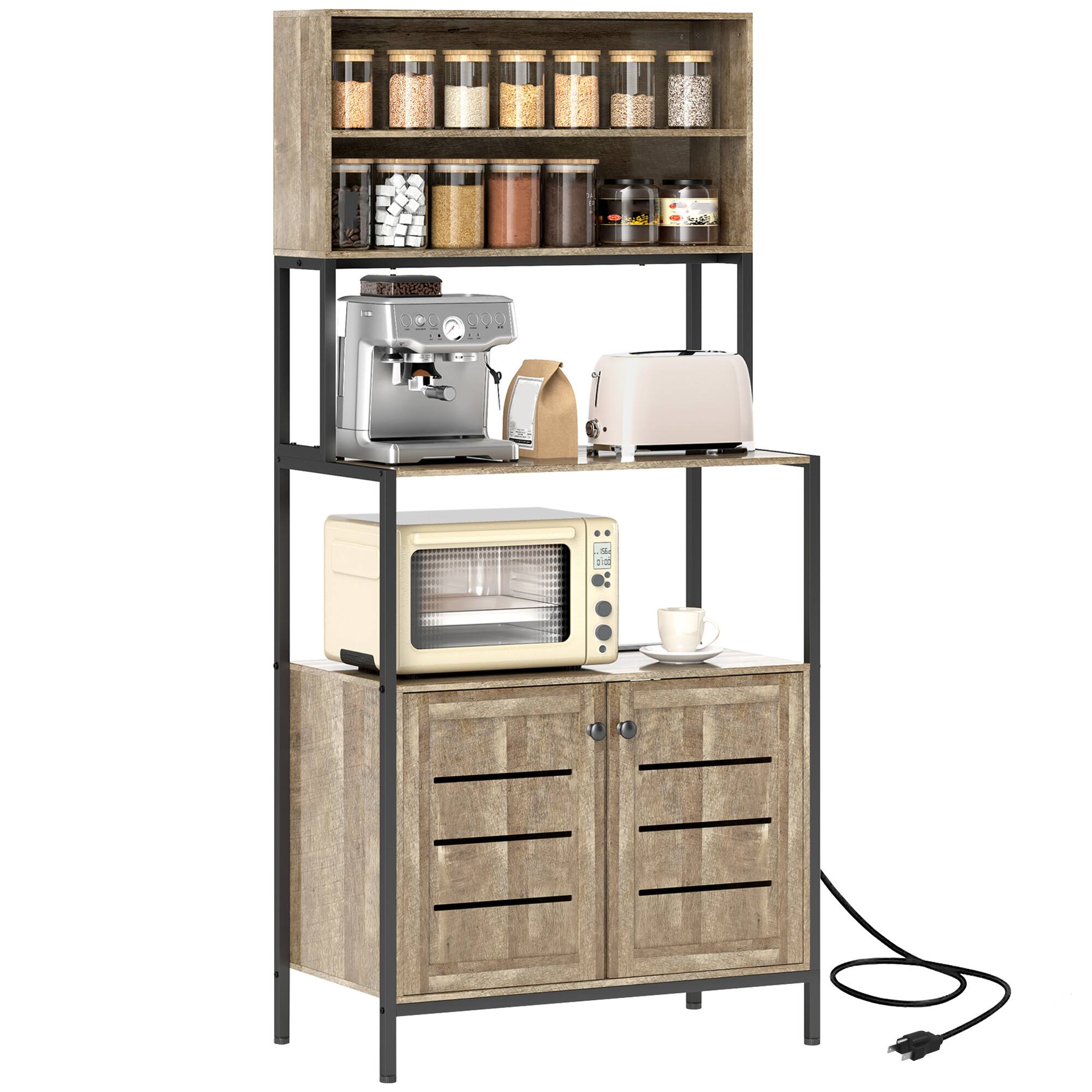 Homcom - Kitchen Bakers Rack with Power Outlet, USB Charger, Microwave Stand, Coffee Bar with Adjustable Shelves, 5 Hooks