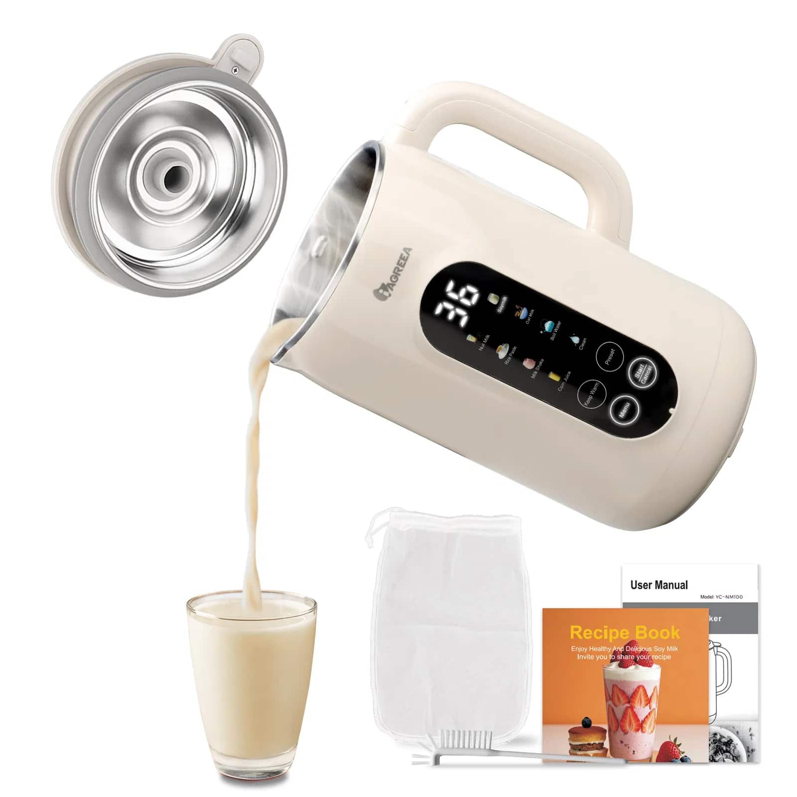 Akoasm - 8 in 1 Nut Milk Maker Machine 35 oz(1L) Stainless Steel Lid BPA Free with 8 Mins Self-Cleaning, 2 hrs Keep Warm - White