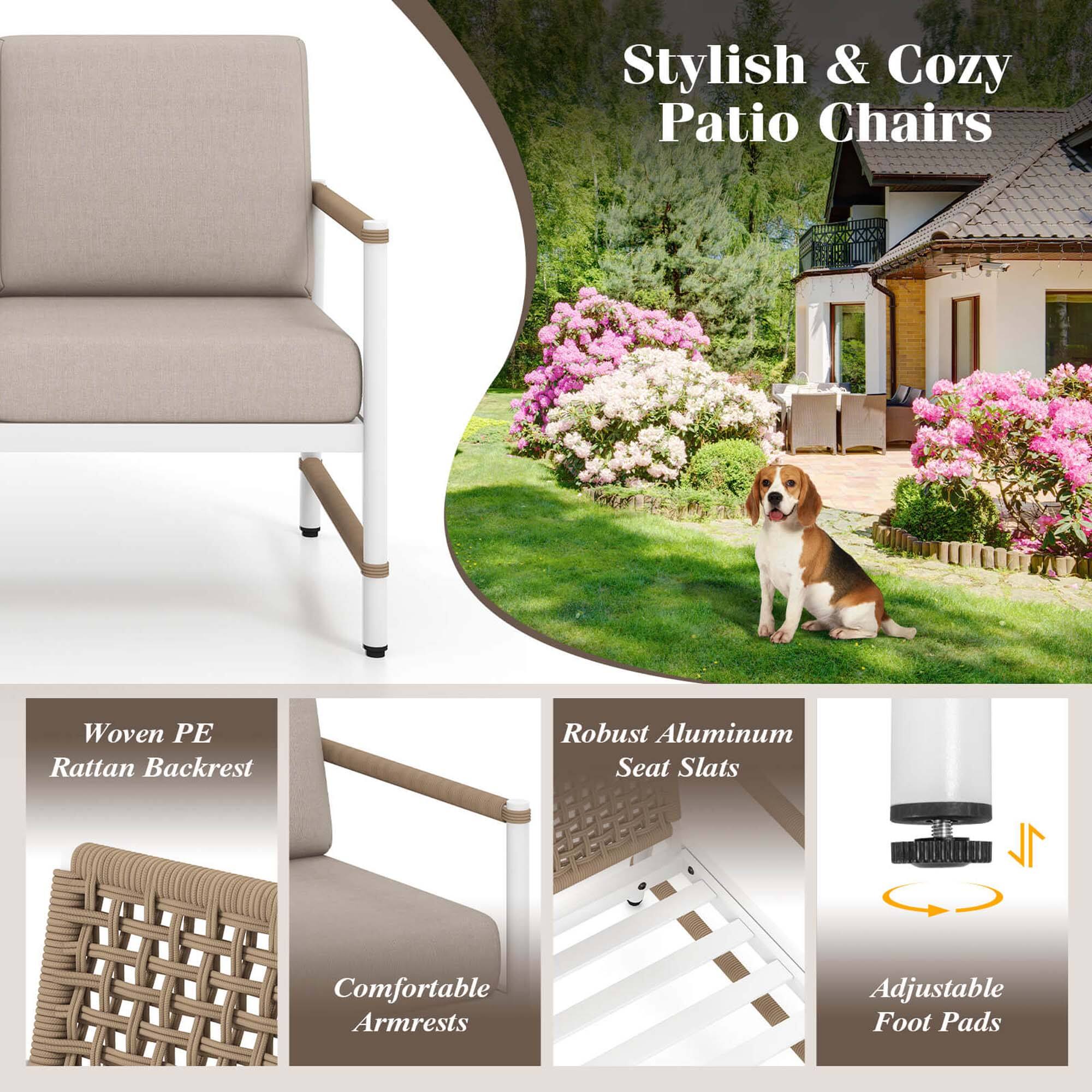 Stylish & Cozy Patio Chairs

Woven PE Rattan Backrest

Comfortable Armrests

Robust Aluminum Seat Slats

Adjustable Foot Pads