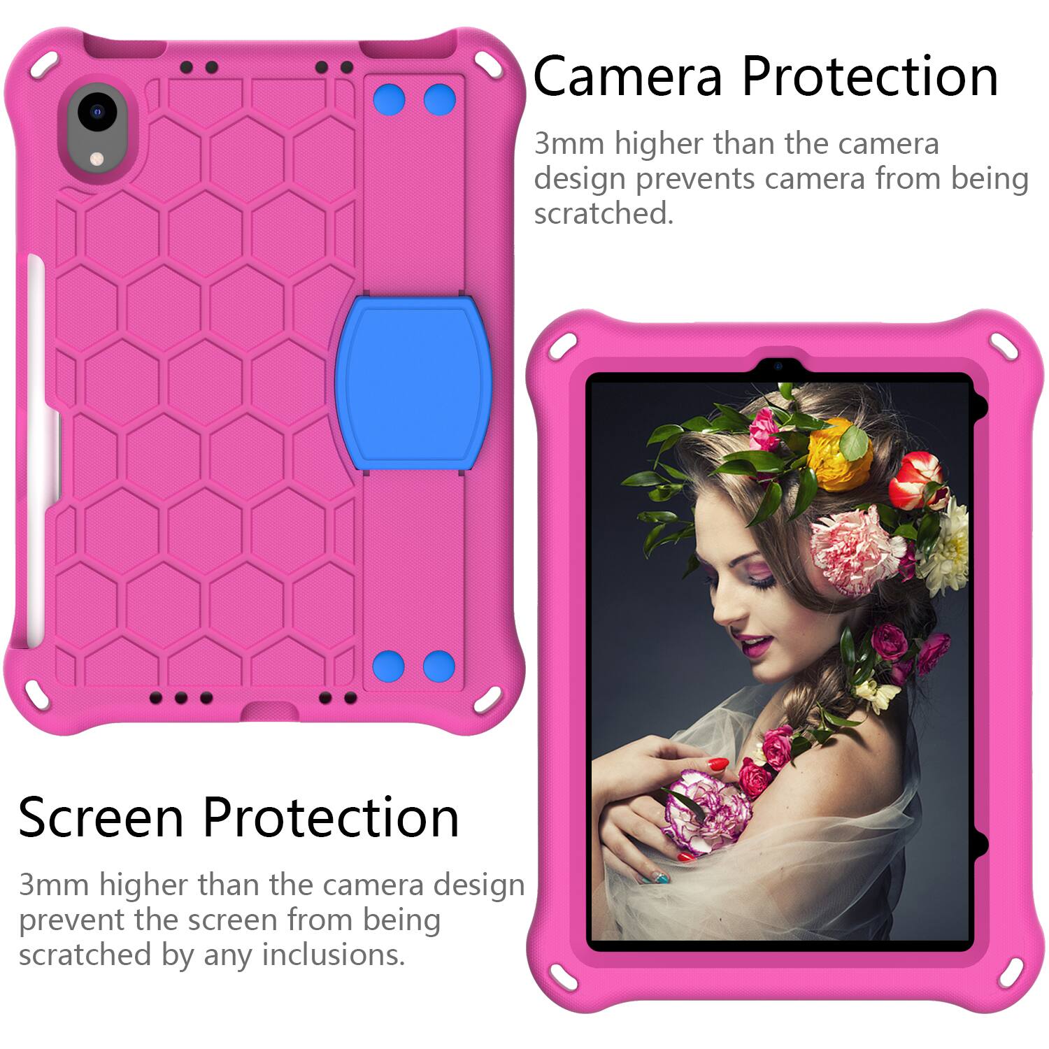 Camera Protection  
3mm higher than the camera design prevents camera from being scratched.  

Screen Protection  
3mm higher than the camera design prevent the screen from being scratched by any inclusions.