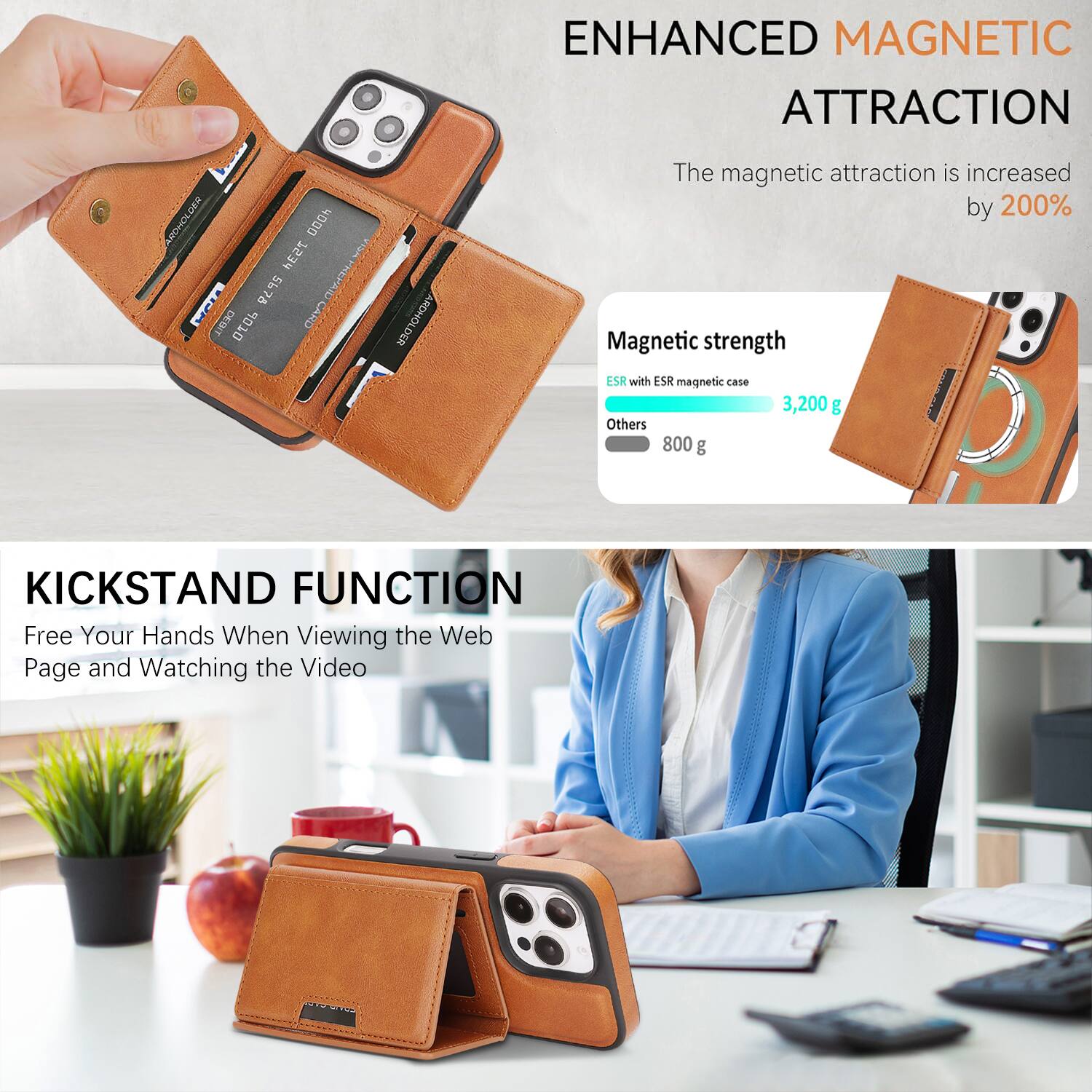 ENHANCED MAGNETIC ATTRACTION

The magnetic attraction is increased by 200%

Magnetic strength
ESR with ESR magnetic case 3,200 g
Others 800 g

KICKSTAND FUNCTION

Free Your Hands When Viewing the Web Page and Watching the Video