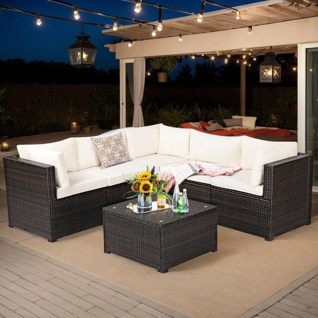 Front. Kadyn - 6 Pcs Patio Furniture Sofa Set with Cushions for Outdoor-Beige, Patio Seating Conversation Set - White.