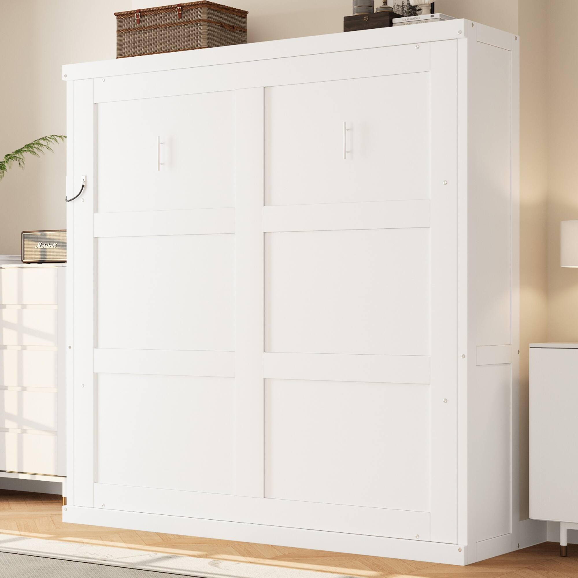 Left. Whisen - Full Size Murphy Bed with Cabinet, Wood & MDF Foldable Guest Bed, Space-Saving Furniture - White.