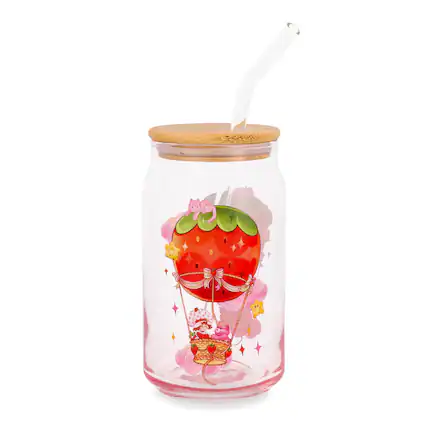 Front. Silver Buffalo - Care Bears x Strawberry Shortcake 16-Ounce Glass Tumbler With Lid and Straw - Pink.