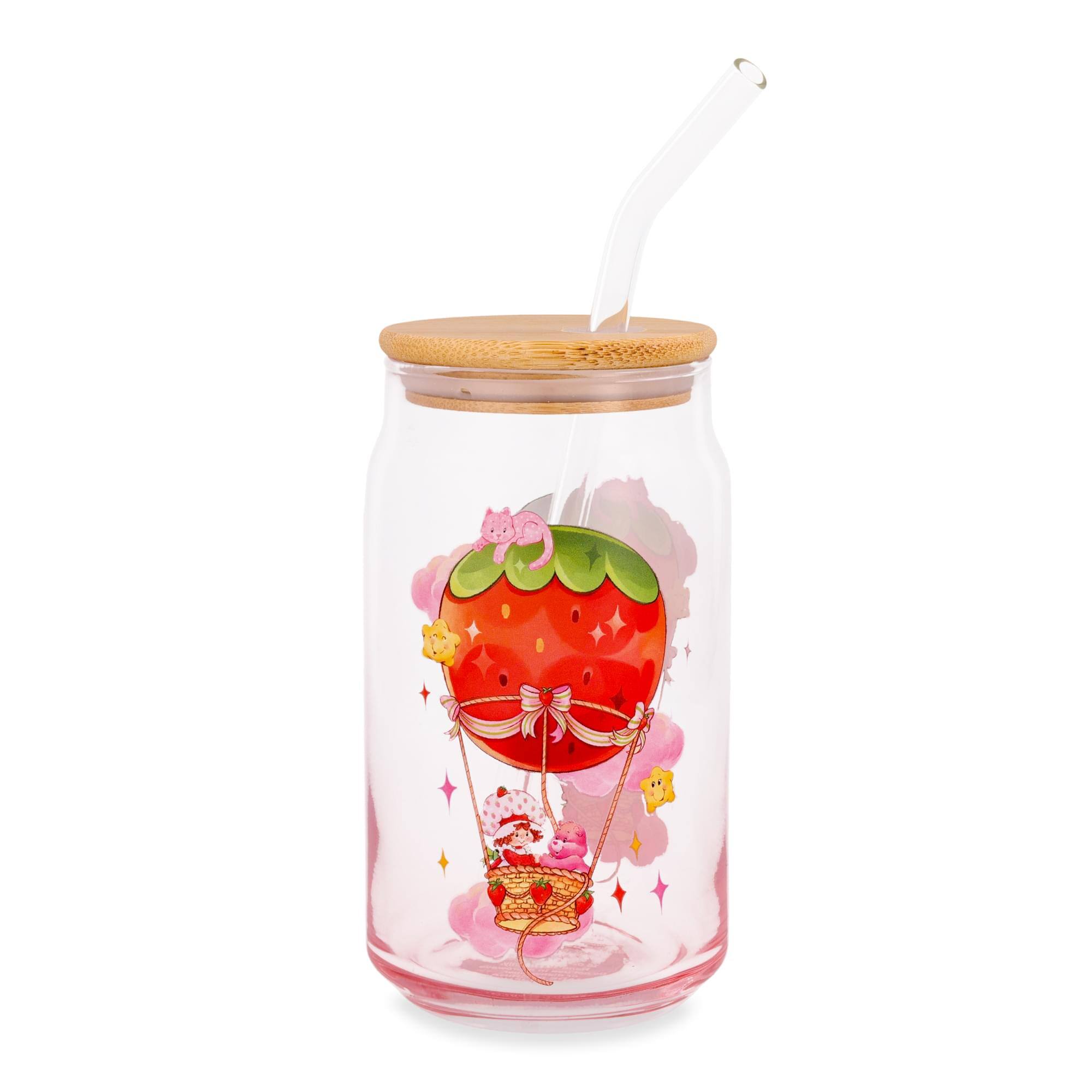 Front. Silver Buffalo - Care Bears x Strawberry Shortcake 16-Ounce Glass Tumbler With Lid and Straw - Pink.