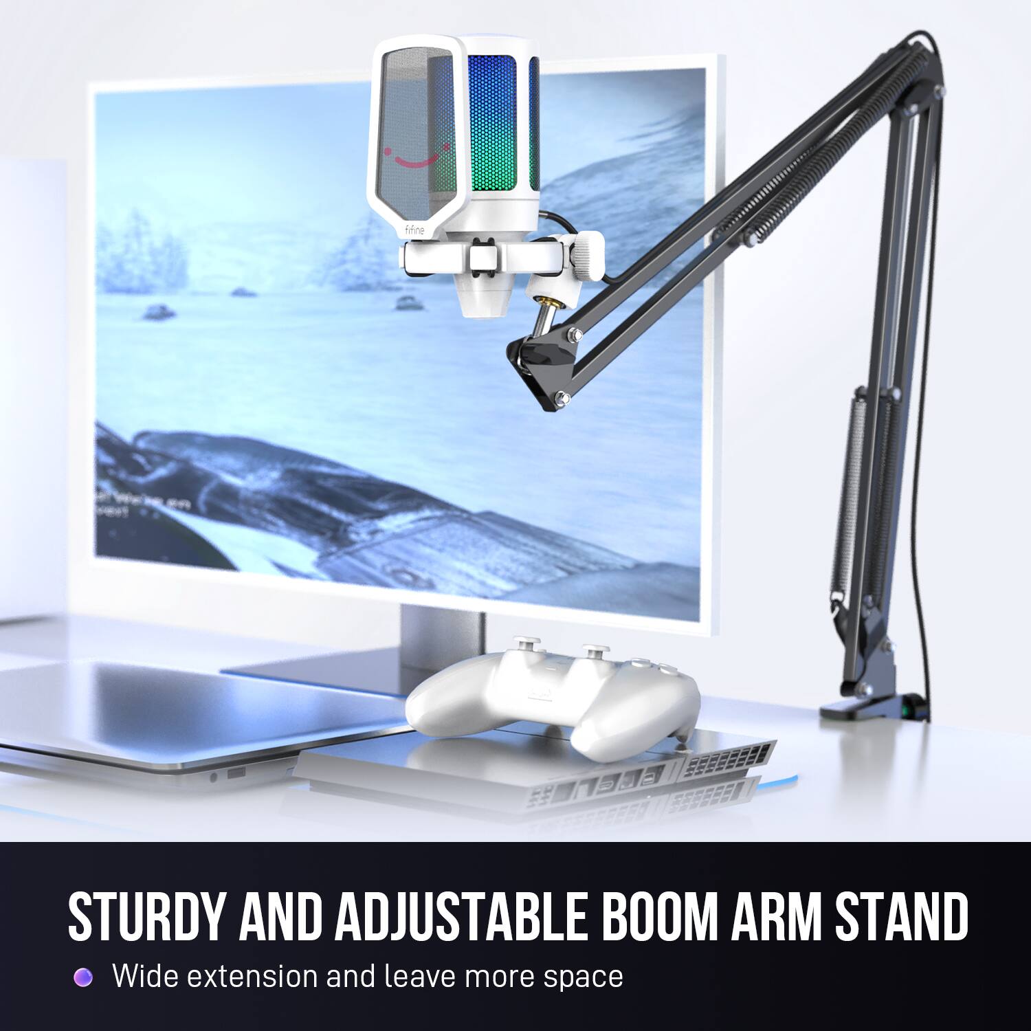 Sturdy and Adjustable Boom Arm Stand: Wide extension and leave more space.