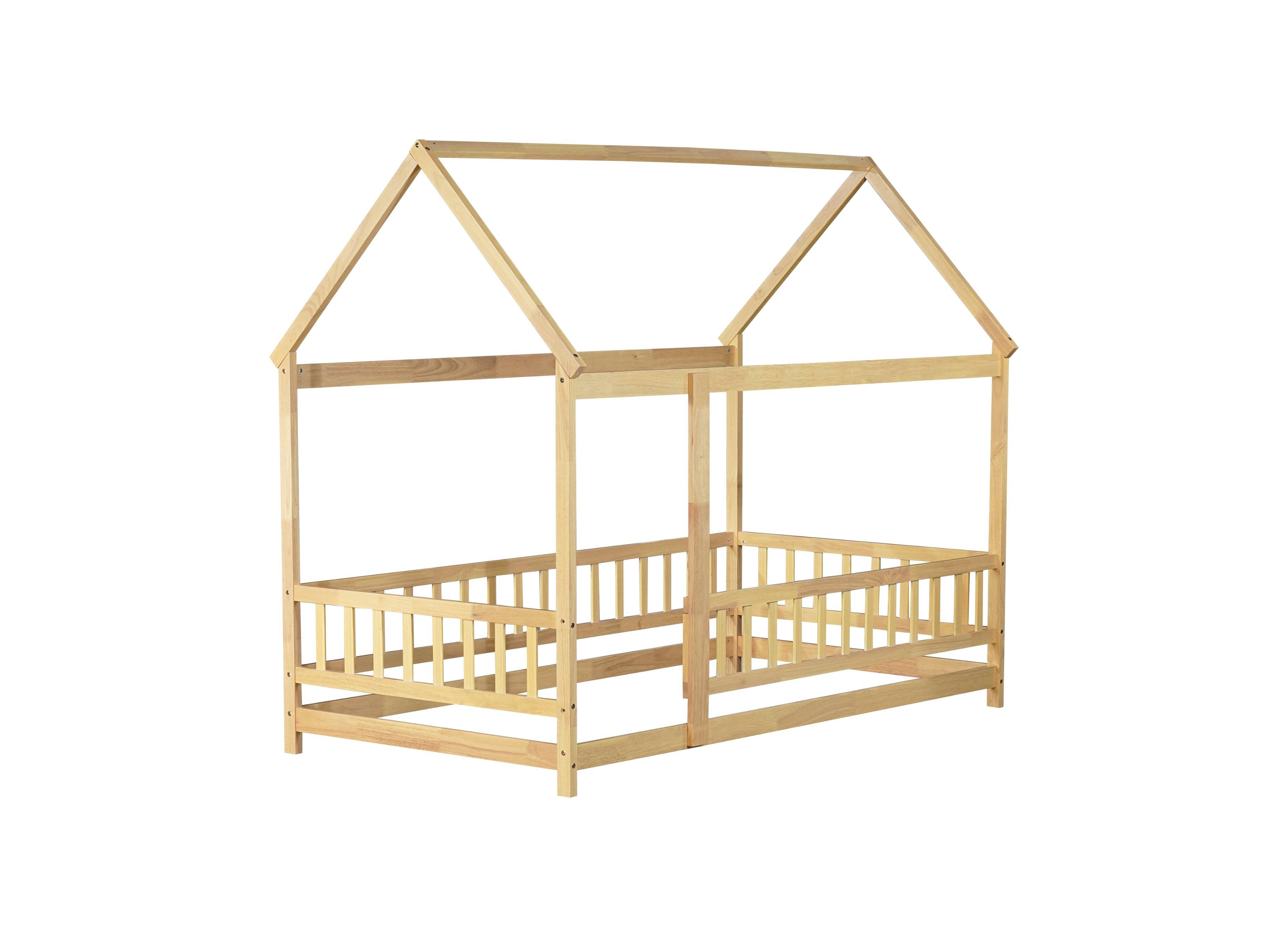 Alt View 7. Tiramisubest - Twin Size House Floor Wooden Bed with Roof Frame,Safety Guardrails,Natural - Natural.