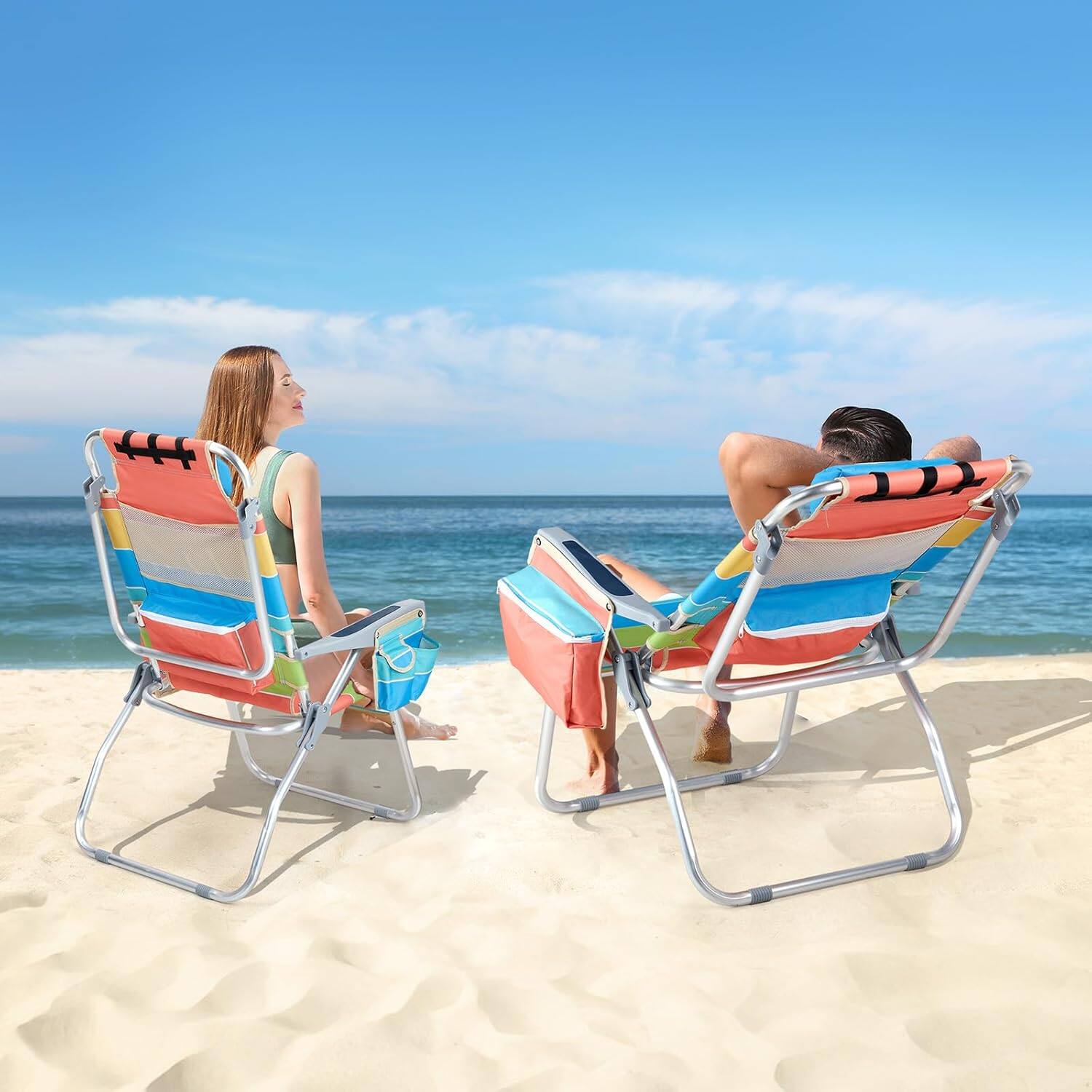 Alt View 5. Winado - 2PCS 45in Folding Beach Chair with 5-Position, Cooler Bag, Cup Holder, Towel Bar, Lightweight for Beach Camping Chairs - Rainbow.