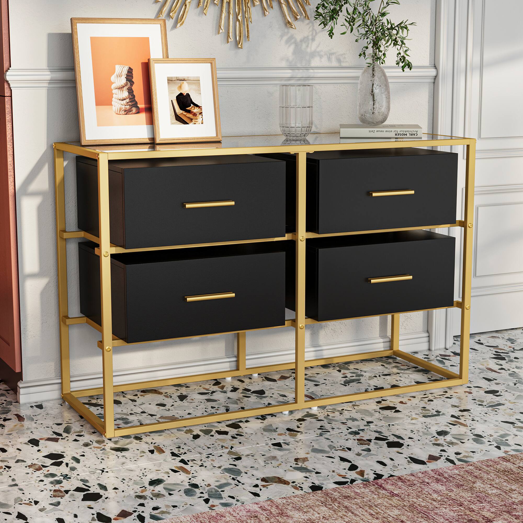 Alt View 5. Famapy - Famapy Metal- Framed Dresser: Tempered Glass Top & Modern Storage - Black.