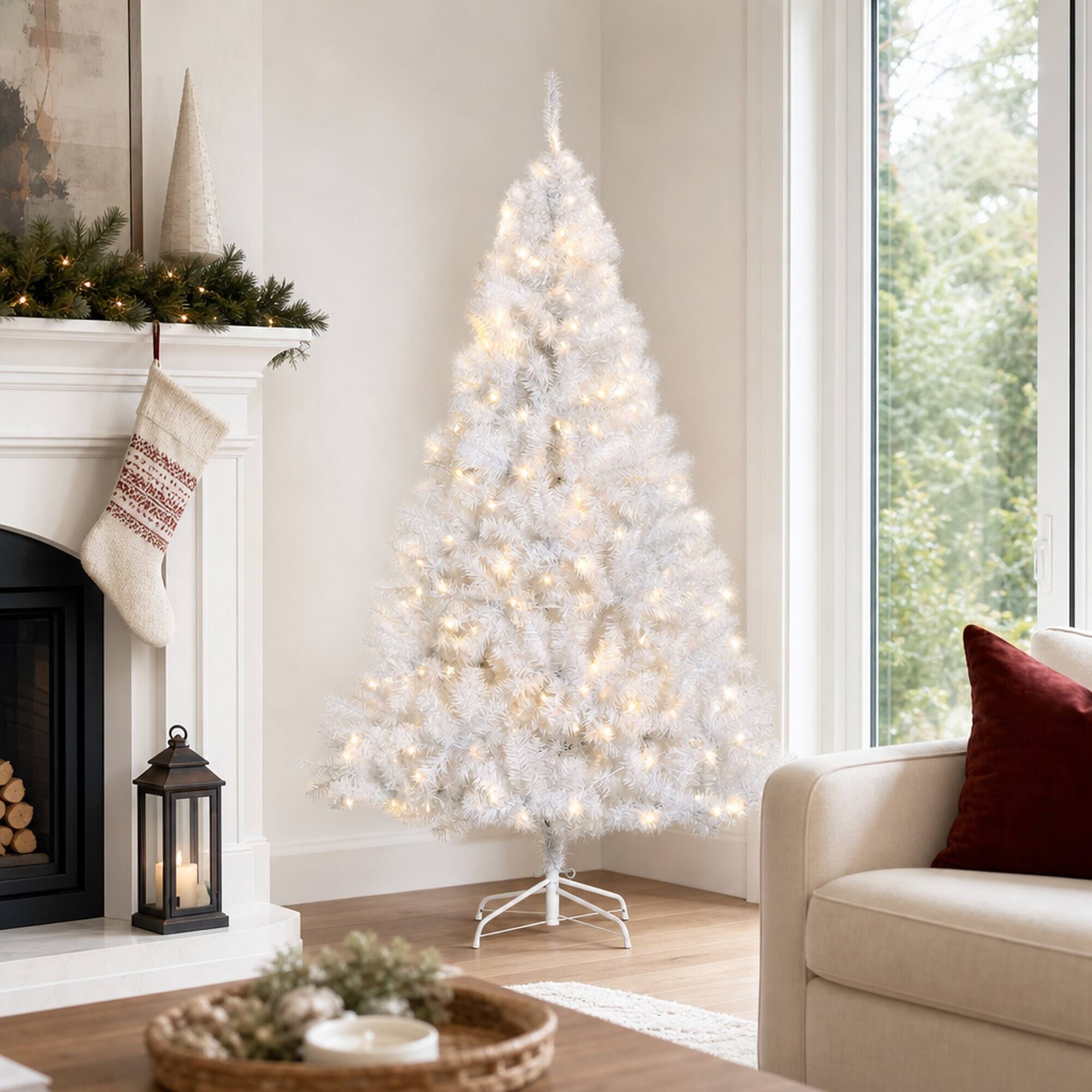 Back. RYHNUYNE - 6FT Pre-Lit Douglas Fir Christmas Tree With 250 Warm White LED Lights and 1000 Tips, White - White.