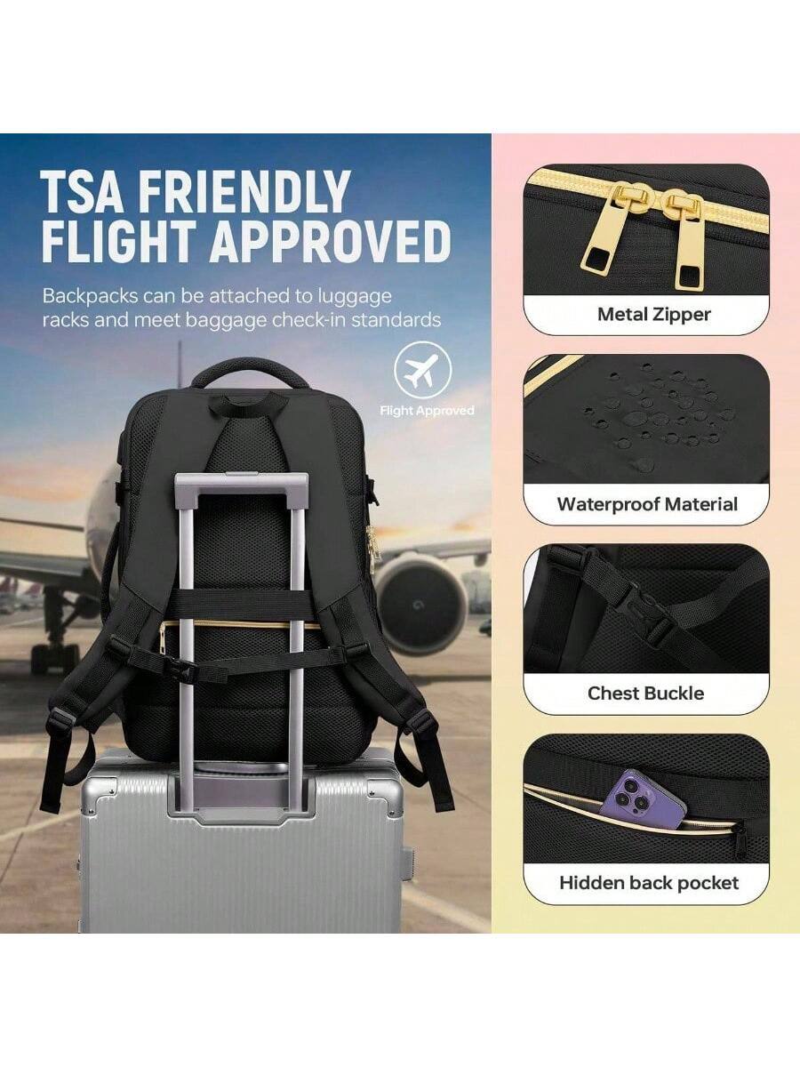 TSA FRIENDLY FLIGHT APPROVED  
Backpacks can be attached to luggage racks and meet baggage check-in standards  

- Metal Zipper  
- Waterproof Material  
- Chest Buckle  
- Hidden back pocket