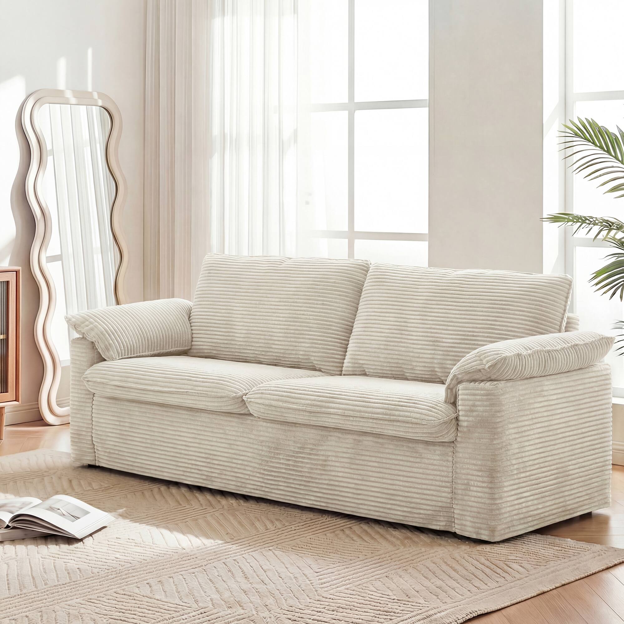 Alt View 3. Dyonery - Dyonery 86" Cloud Loveseat Sofa,  Deep Seat & Wide Armrest Pillows, Sturdy Frame, Ergonomic Design, Beige Corduroy - Beige.