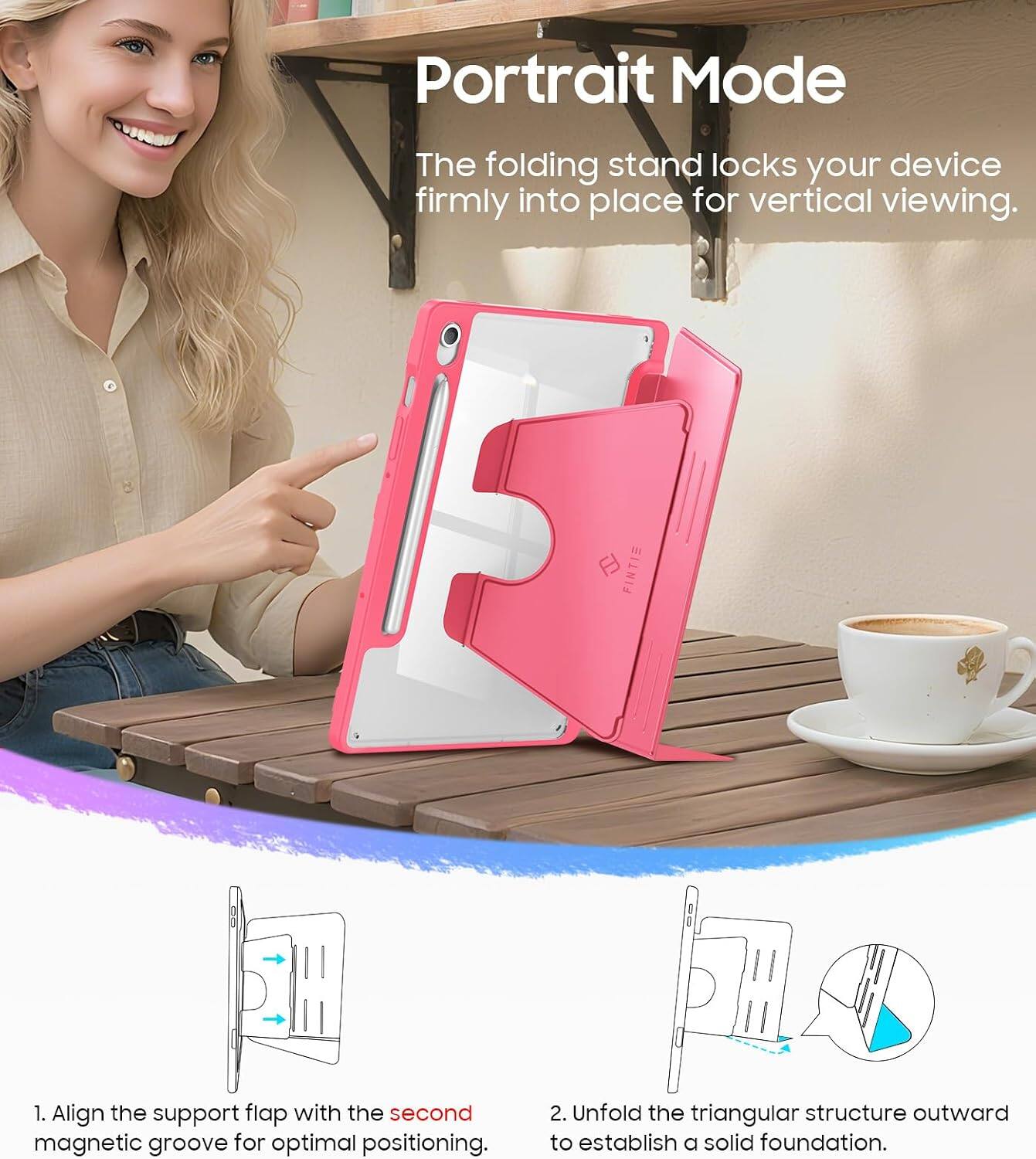 Portrait Mode  
The folding stand locks your device firmly into place for vertical viewing.  

1. Align the support flap with the second magnetic groove for optimal positioning.  
2. Unfold the triangular structure outward to establish a solid foundation.